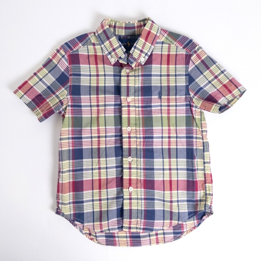 Ralph Lauren Madras Plaid Button‎ Down Logo Short Sleeve Shirt Boys Sz 4T